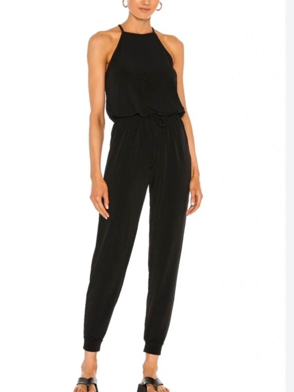 Lanston Sleeveless Halter Black Jumpsuit with Drawstring Waist, size small